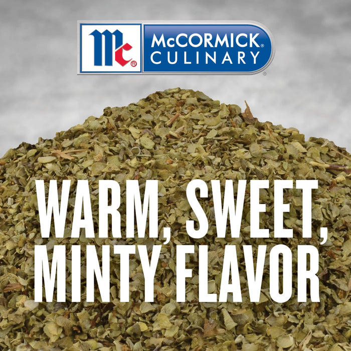 McCormick Culinary oregano with the text Warm Sweet Minty Flavor on top.