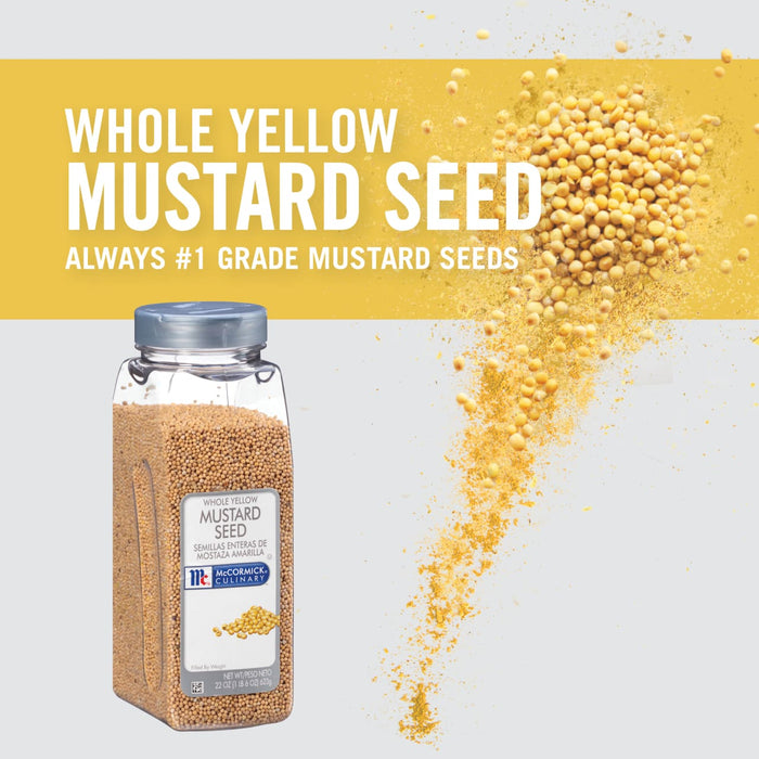 A jar of McCormick Culinary Whole Yellow Mustard Seed with mustard seeds spilling out.