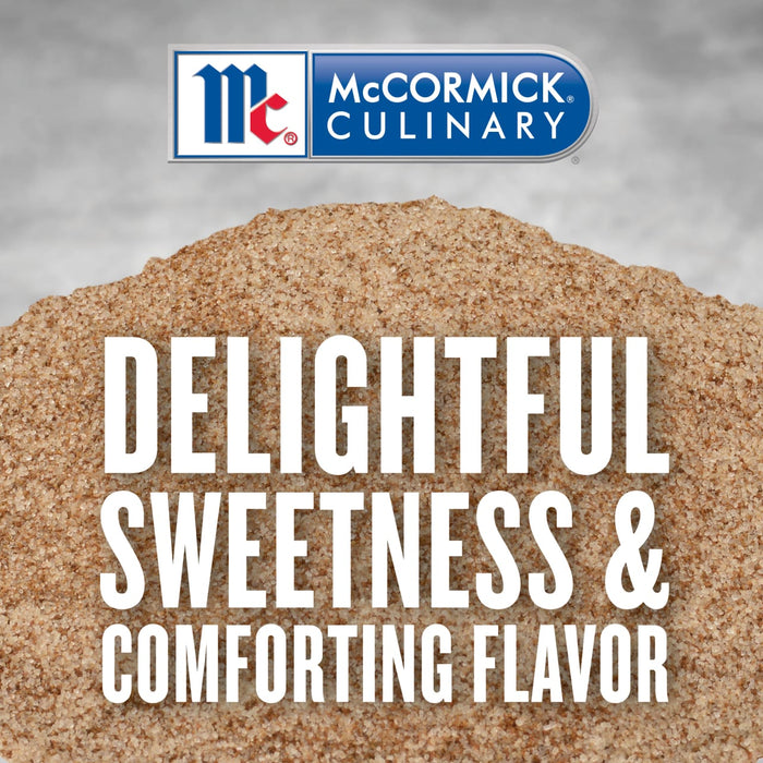 McCormick Culinary logo with the text Delightful Sweetness &amp; Comforting Flavor on a background of brown sugar.