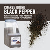 A container of McCormick Coarse Grind Black Pepper with peppercorns spilling out.