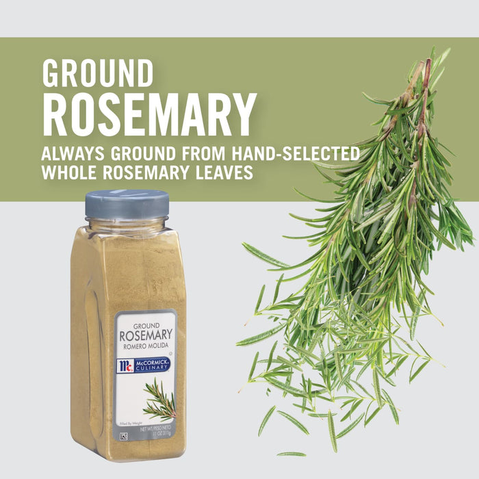 A jar of McCormick Ground Rosemary with sprigs of rosemary scattered around it.