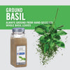 A jar of McCormick Culinary Ground Basil with a sprig of basil leaves exploding out of it.