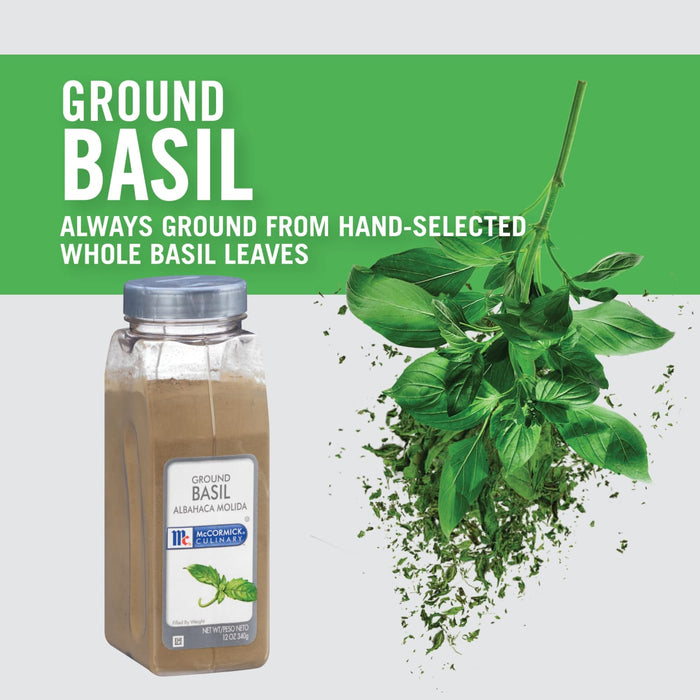 A jar of McCormick Culinary Ground Basil with a sprig of basil leaves exploding out of it.