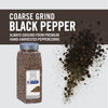 A container of McCormick Coarse Grind Black Pepper with peppercorns spilling out.