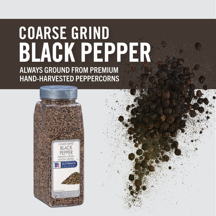 A container of McCormick Coarse Grind Black Pepper with peppercorns spilling out.