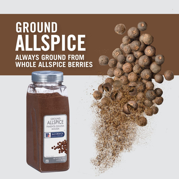 A jar of McCormick Culinary Ground Allspice with whole allspice berries scattered around it.