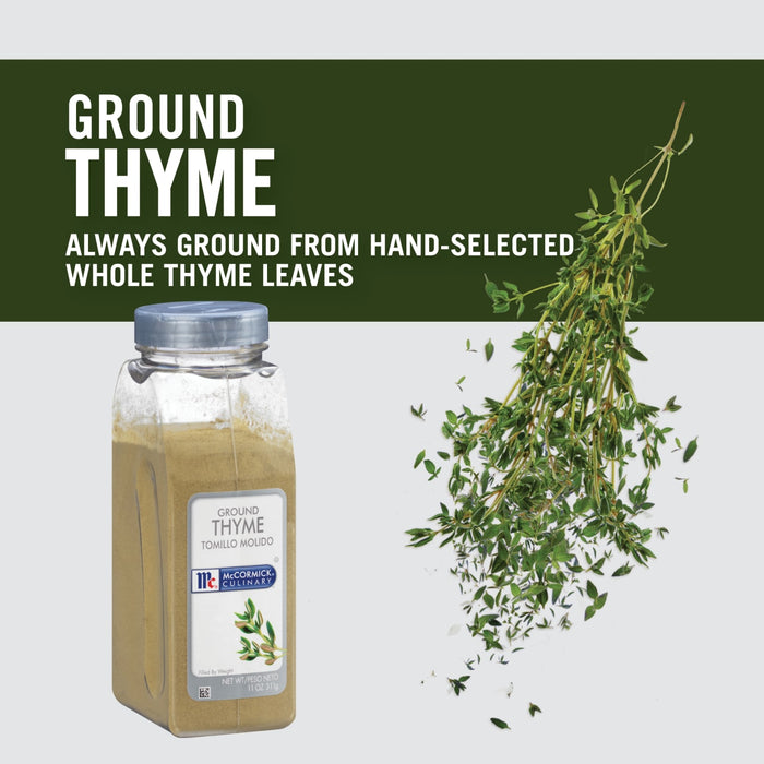 A jar of McCormick Ground Thyme with fresh thyme sprigs falling around it.
