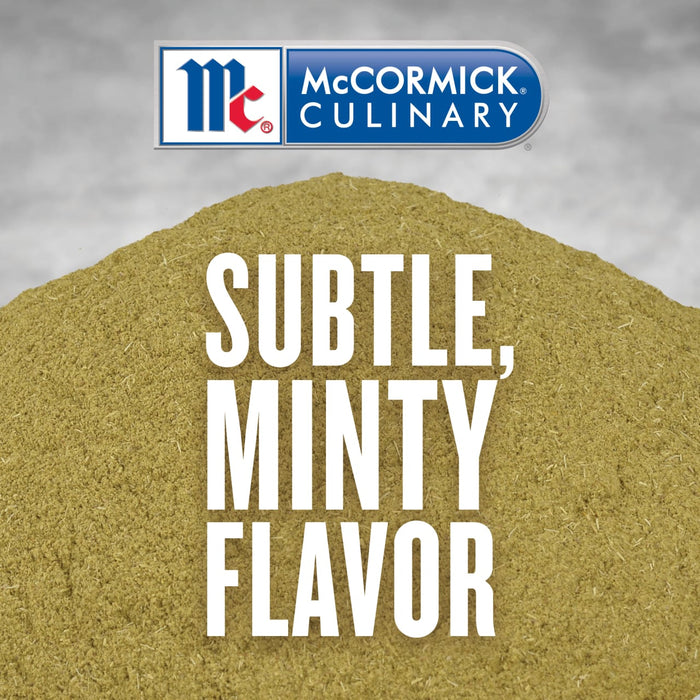 McCormick Culinarys Subtle Minty Flavor is shown on a pile of dried herbs.