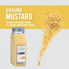 A jar of McCormick Culinary Ground Mustard with mustard seeds exploding out of it.