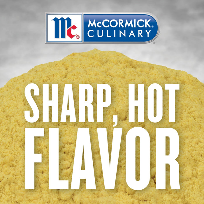 McCormick Culinary brand logo with a pile of yellow mustard powder and the text Sharp Hot Flavor in white.