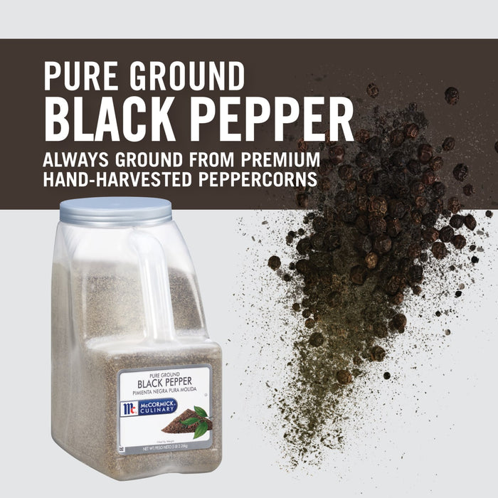 A container of McCormick Pure Ground Black Pepper with peppercorns spilling out.