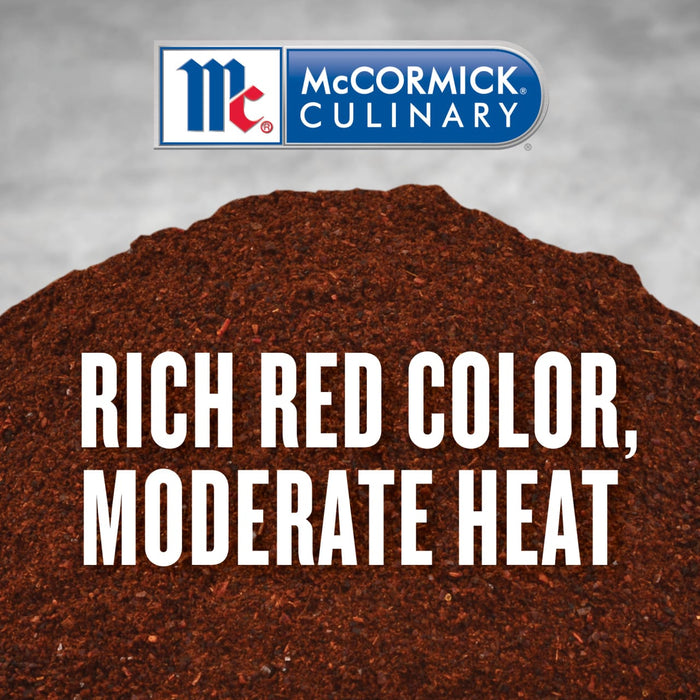 McCormick Culinary logo with a pile of red chili powder with the text Rich Red Color Moderate Heat on top.