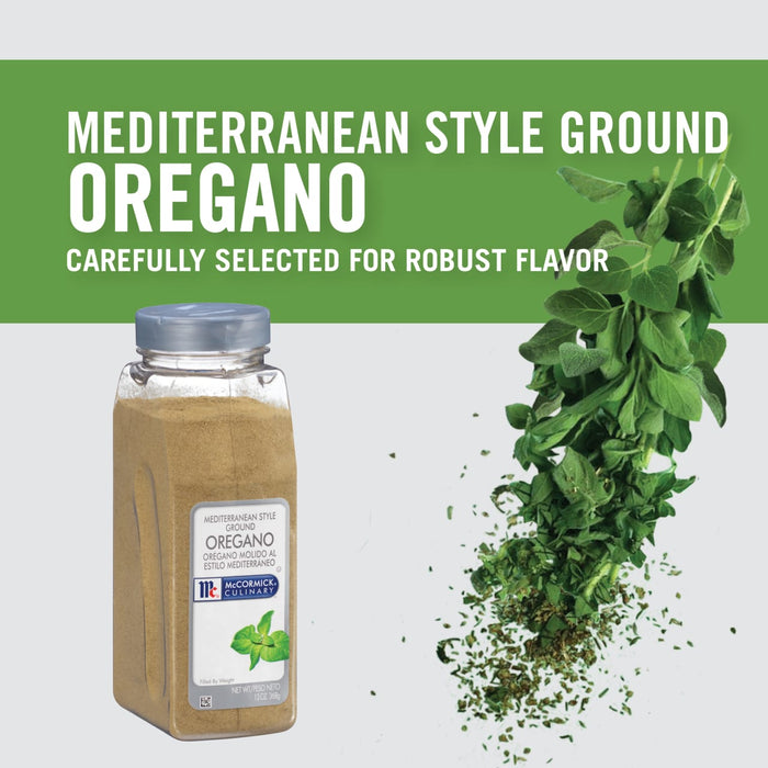 A jar of McCormick Culinary Mediterranean Style Ground Oregano with oregano sprigs in the background.
