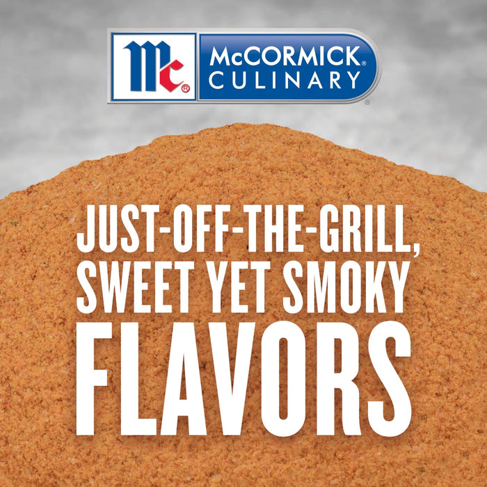 McCormick Culinary logo with text that reads Just-off-the-grill sweet yet smoky flavors over a pile of orange seasoning.