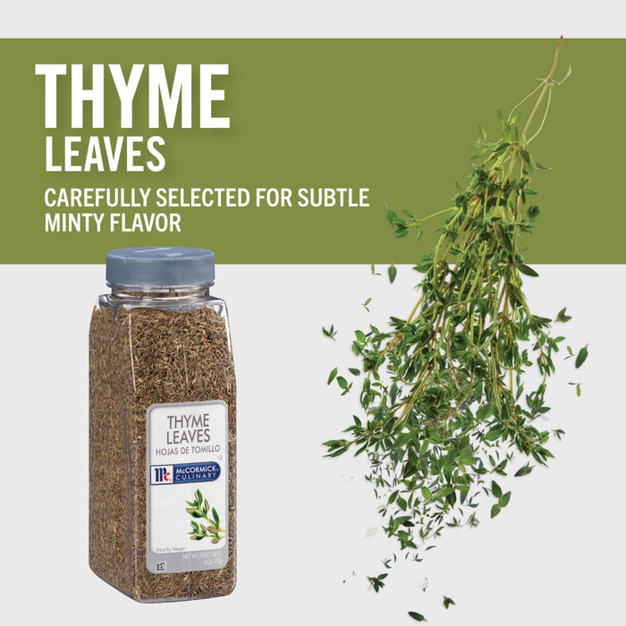 A bottle of McCormick Culinary Thyme Leaves with fresh thyme sprigs falling from the top.