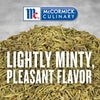 McCormick Culinary dried thyme with the text Lightly minty pleasant flavor.
