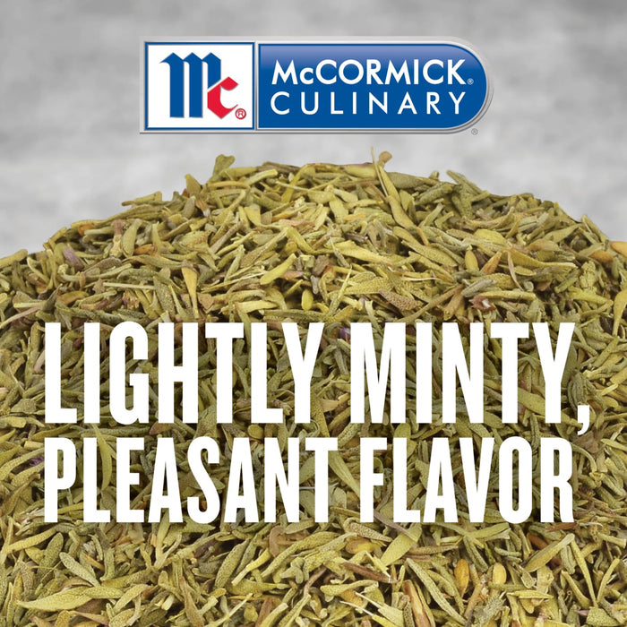 McCormick Culinary dried thyme with the text Lightly minty pleasant flavor.