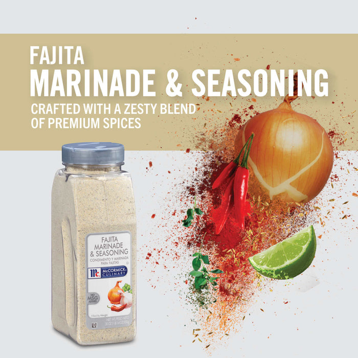 A jar of McCormick Culinary Fajita Marinade &amp; Seasoning with a background of spices onion lime and chili peppers.