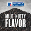 McCormick Culinary black sesame seeds with the text Mild Nutty Flavor on top.