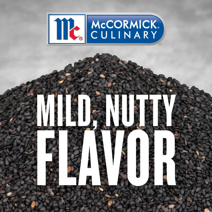 McCormick Culinary black sesame seeds with the text Mild Nutty Flavor on top.
