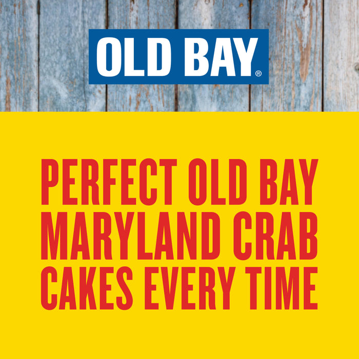 A logo for Old Bay with the text Perfect Old Bay Maryland Crab Cakes Every Time.