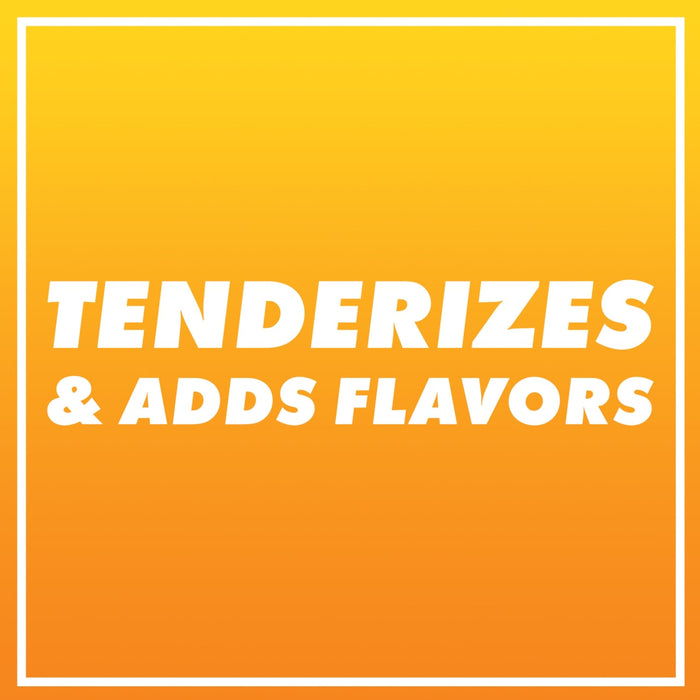 White text on a yellow gradient background that says Tenderizes &amp; Adds Flavors