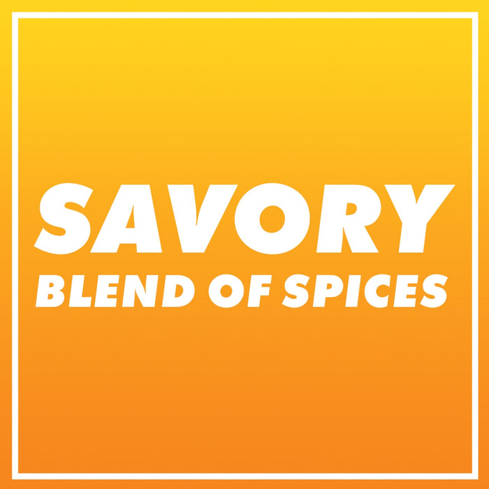 A white text on a yellow background that says Savory Blend of Spices