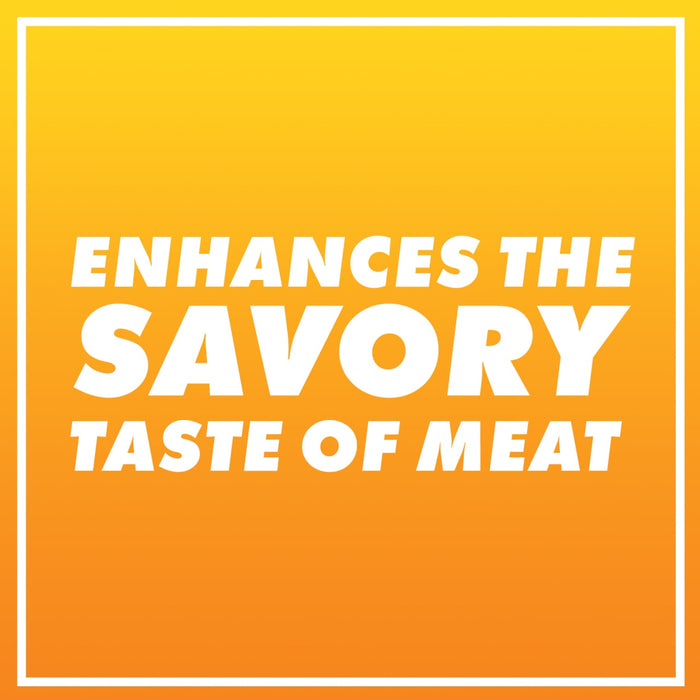 White text on a yellow gradient background that reads Enhances the Savory Taste of Meat