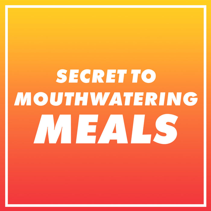 A white text on a gradient background says Secret to Mouthwatering Meals.