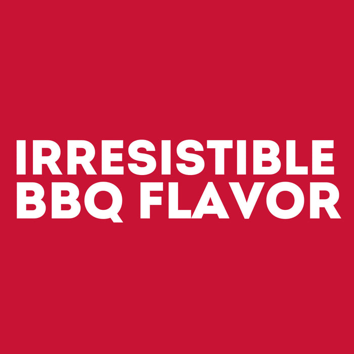 A white logo on a red background that says Irresistible BBQ Flavor