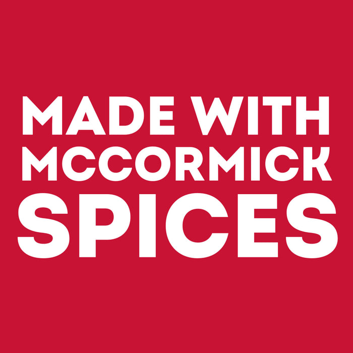 A white logo on a red background that says Made with McCormick Spices.