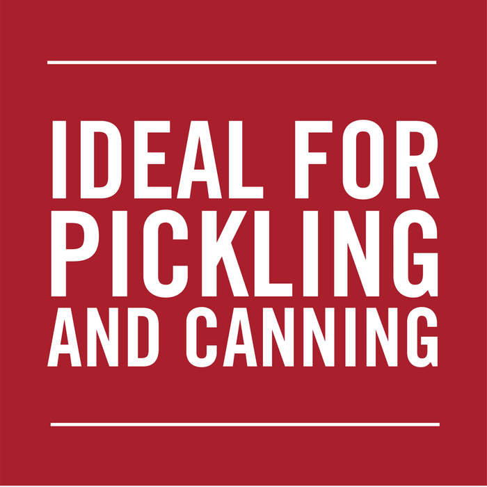 White text on a red background reads Ideal for pickling and canning.