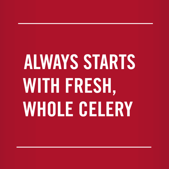 White text on a red background reads Always starts with fresh whole celery.