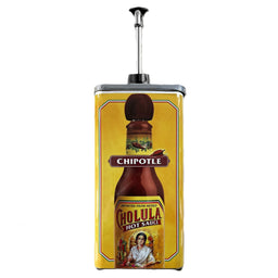 A large yellow metal dispenser featuring the label for Cholula Chipotle Hot Sauce with a silver pump on top.