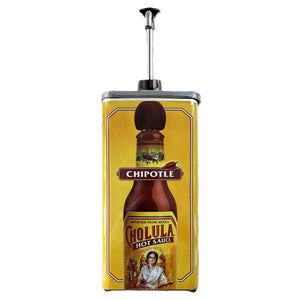 A large yellow metal dispenser featuring the label for Cholula Chipotle Hot Sauce with a silver pump on top.