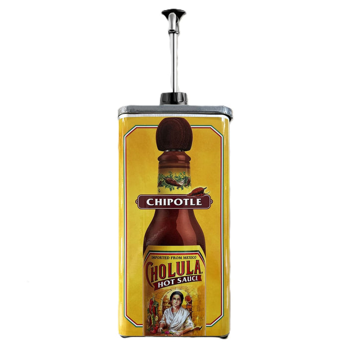 A large yellow metal dispenser featuring the label for Cholula Chipotle Hot Sauce with a silver pump on top.