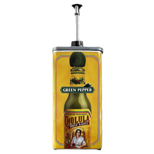 A large yellow metal dispenser featuring a graphic of a bottle of Cholula Green Pepper Hot Sauce with a silver pump on top.