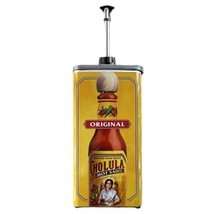 A large yellow metal dispenser featuring the iconic label for Cholula Hot Sauce Original with its signature wooden cap and a silver pump on top.
