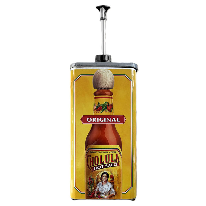 A large yellow metal dispenser featuring the iconic label for Cholula Hot Sauce Original with its signature wooden cap and a silver pump on top.