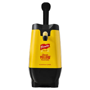 A large yellow and black bulk dispenser for Frenchs Classic Yellow Mustard featuring a pump handle and dispensing nozzle.