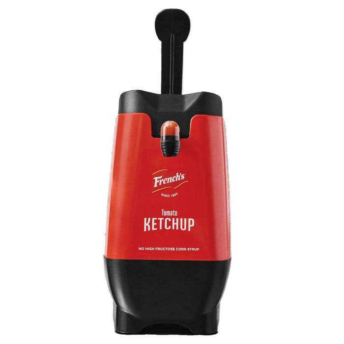 A large red and black Frenchs Tomato Ketchup dispenser featuring a pump handle and a clear nozzle for easy condiment serving.