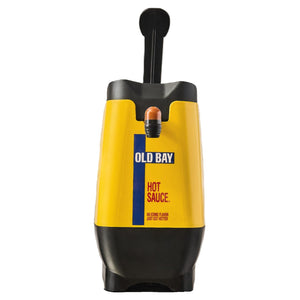 A yellow and black Old Bay Hot Sauce Dispenser Bfs featuring the iconic brand logo and a pump handle for easy serving.