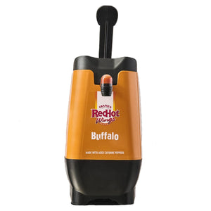A Frank s RedHot Buffalo Wings Sauce dispenser featuring a black pump and a bright orange body with the brand logo and product name clearly displayed
