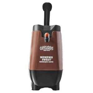 A large commercial dispenser of Cattlemen's Memphis Sweet Barbeque Sauce featuring a brown and black plastic housing with a top pump handle.