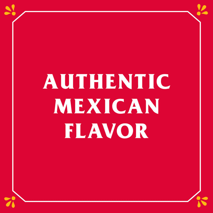 A red background with a white border and white text that reads AUTHENTIC MEXICAN FLAVOR with yellow flower designs in each corner.