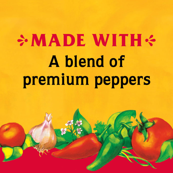 A yellow background with the words Made with and A blend of premium peppers with an illustration of peppers tomatoes garlic and herbs