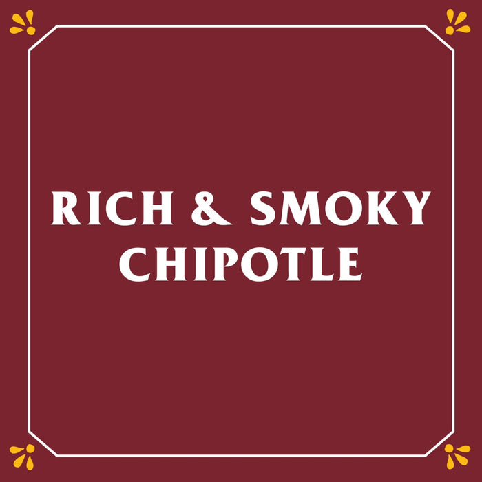 A white frame with a red background and the words Rich &amp; Smoky Chipotle in white.