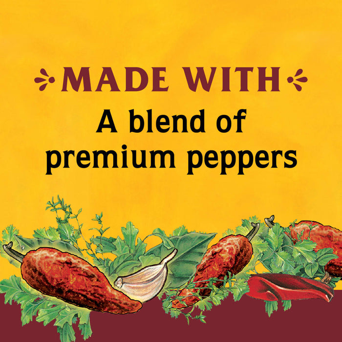 An illustration of red peppers and herbs with the text Made with a blend of premium peppers.