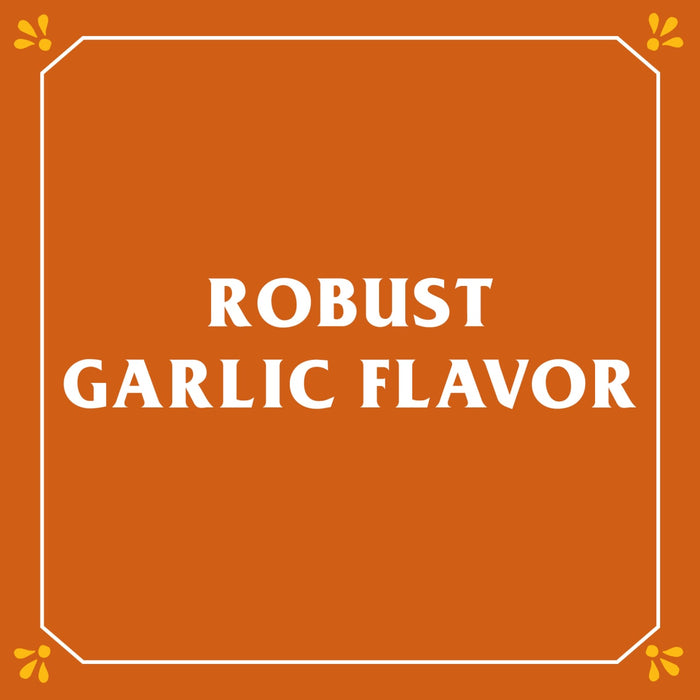 A white framed orange background with the text ROBUST GARLIC FLAVOR in white.