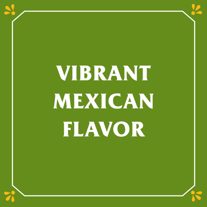 A green square with a white border and yellow flowers in the corners with the text VIBRANT MEXICAN FLAVOR in white.